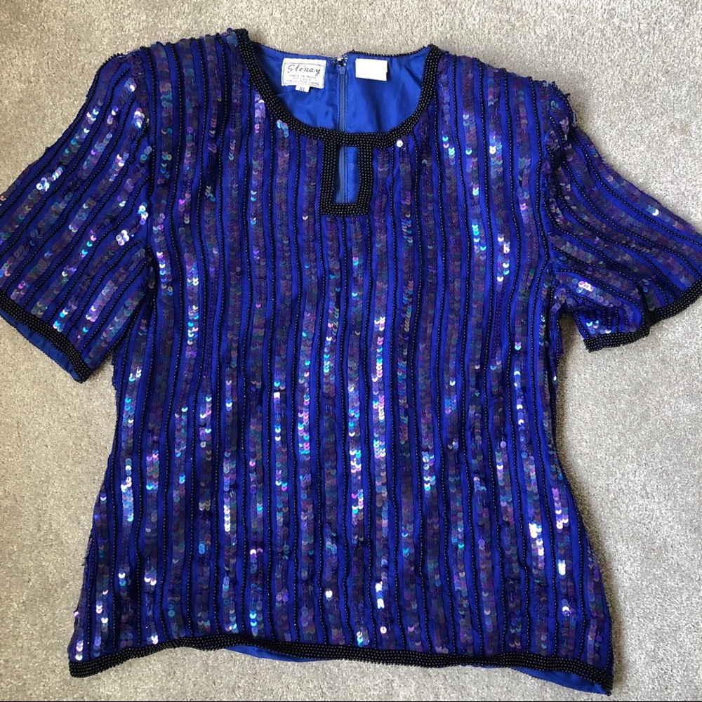 Vintage Sténay Sequin Silk Beaded Top Royal Blue size large